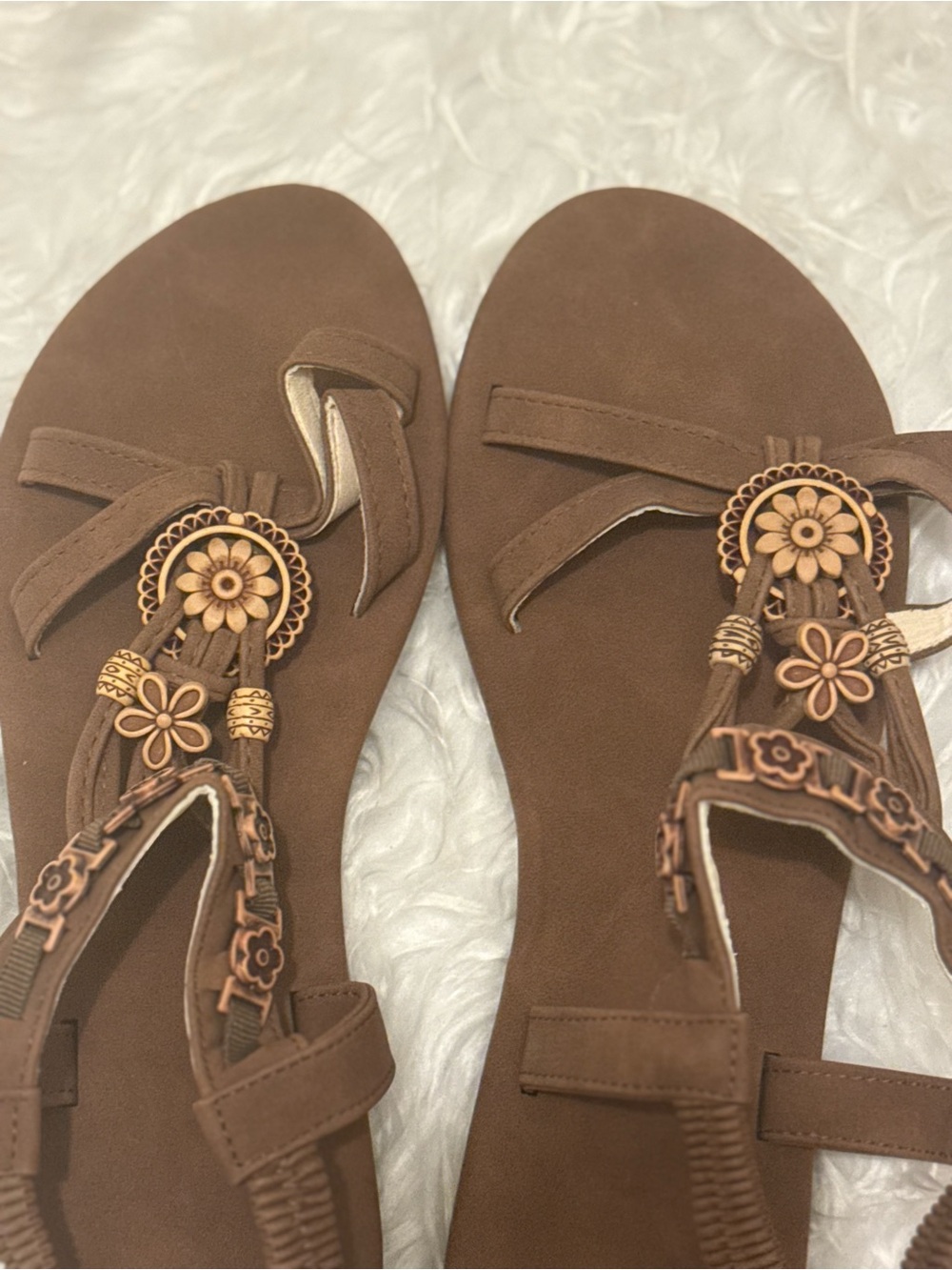 Women’s Brown Floral T-Strap Sandals